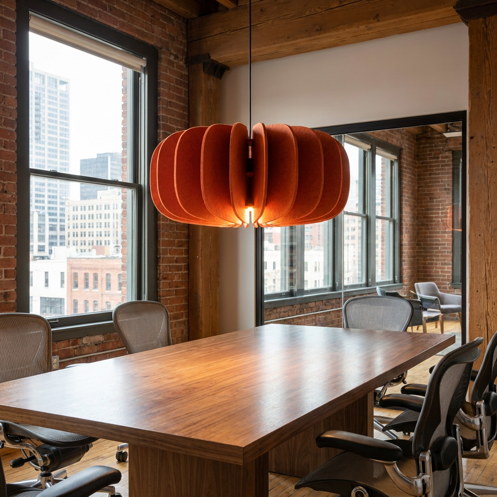 Lamelle disc orange pendant light over a long conference table in a downtown office