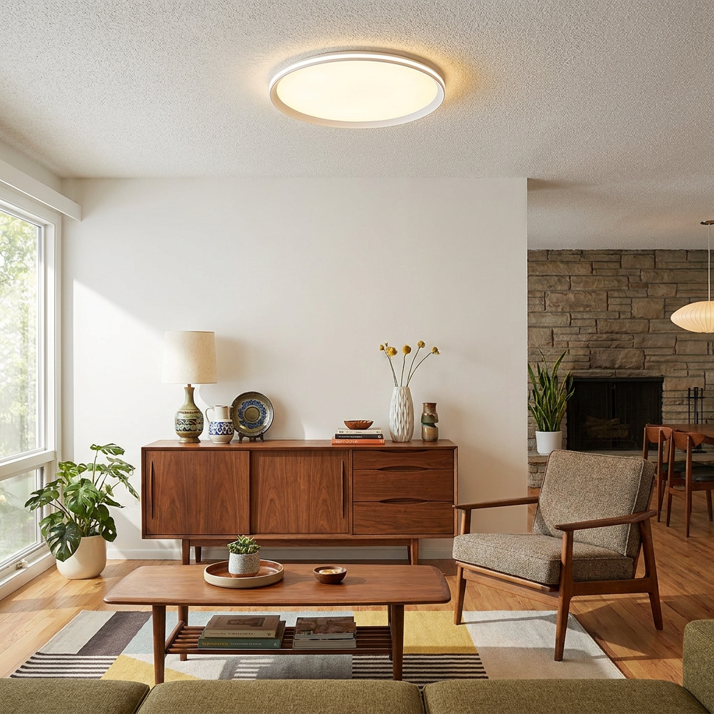 Clio white ceiling light in a mid-century modern living room with walnut furniture