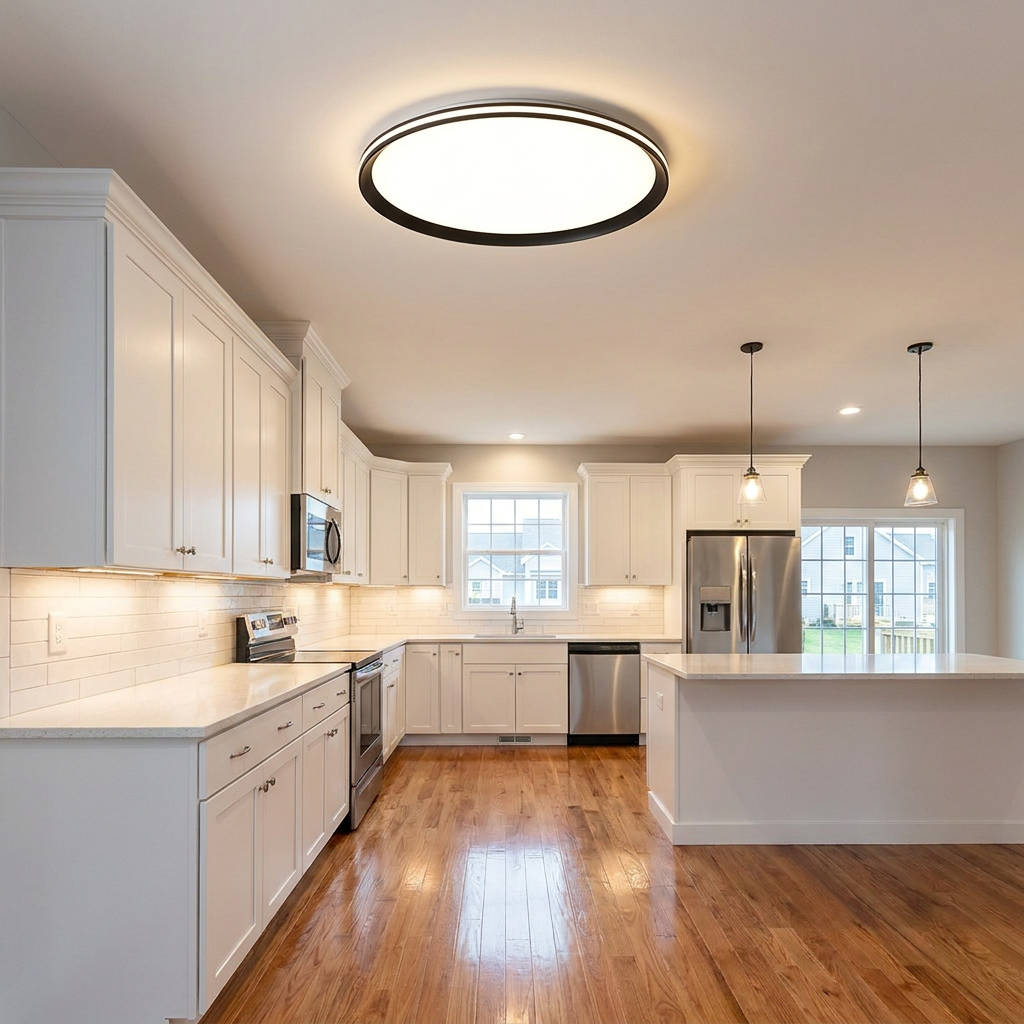 Clio black ceiling light in the kitchen of a newly built suburban home
