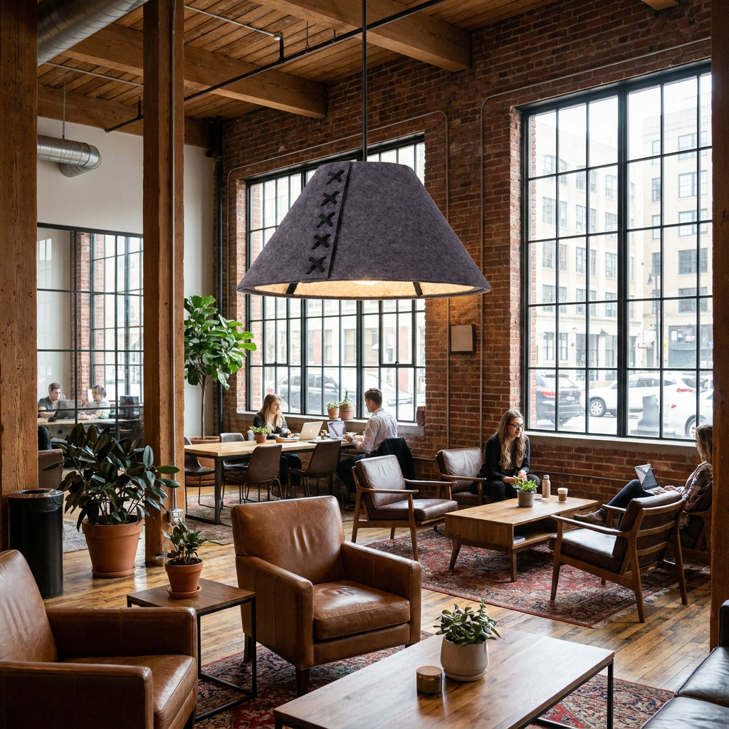 Feliciane dark gray pendant light in a coworking space lounge with large windows