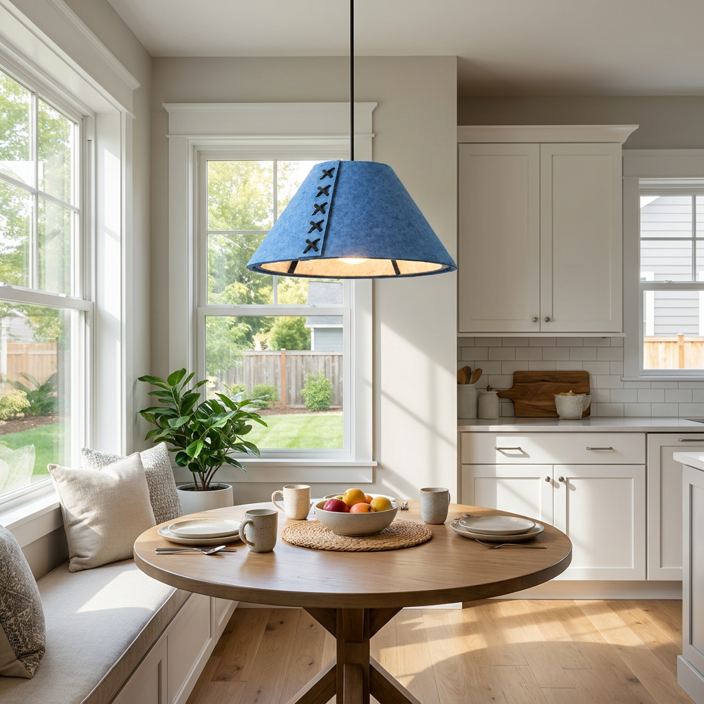 Feliciane sky blue pendant light above a breakfast nook in a sunlit suburban kitchen