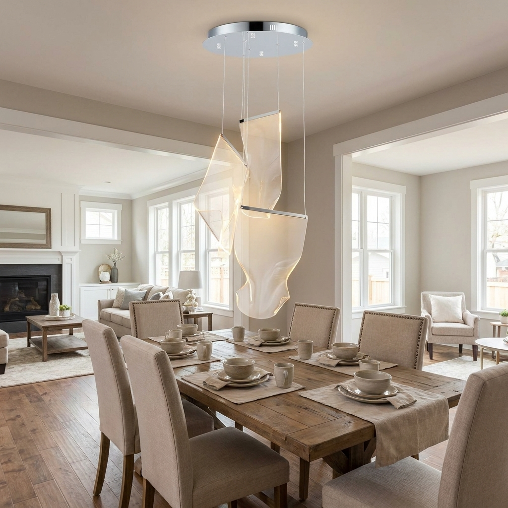 Cirrane 3 heads silver chandelier above a dining table in an open plan transitional suburban home
