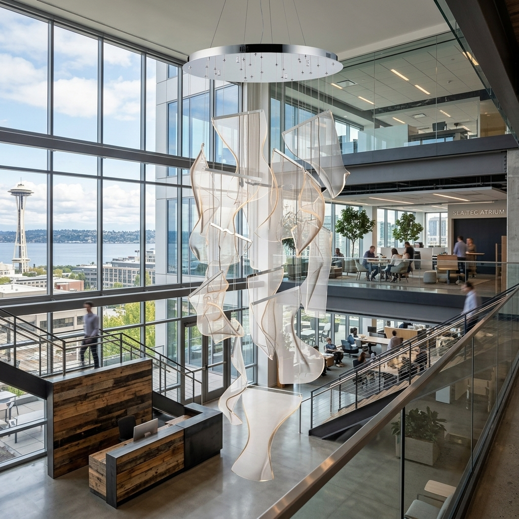 Cirrane 12 heads silver chandelier in the atrium of a modern Seattle tech office