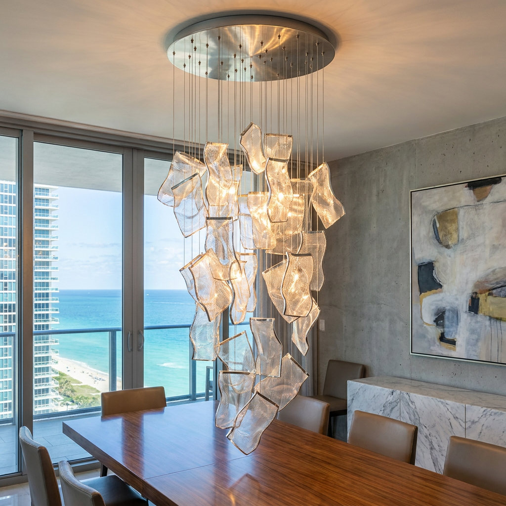 Cirrane 28 heads silver chandelier in a high end Miami condo dining area with ocean views