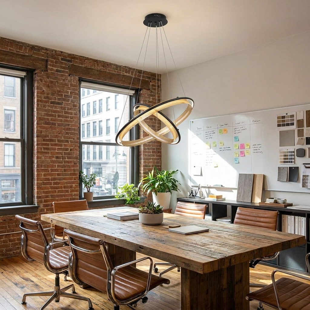 Orbita 2 tier small chandelier above a conference table in a creative agency office