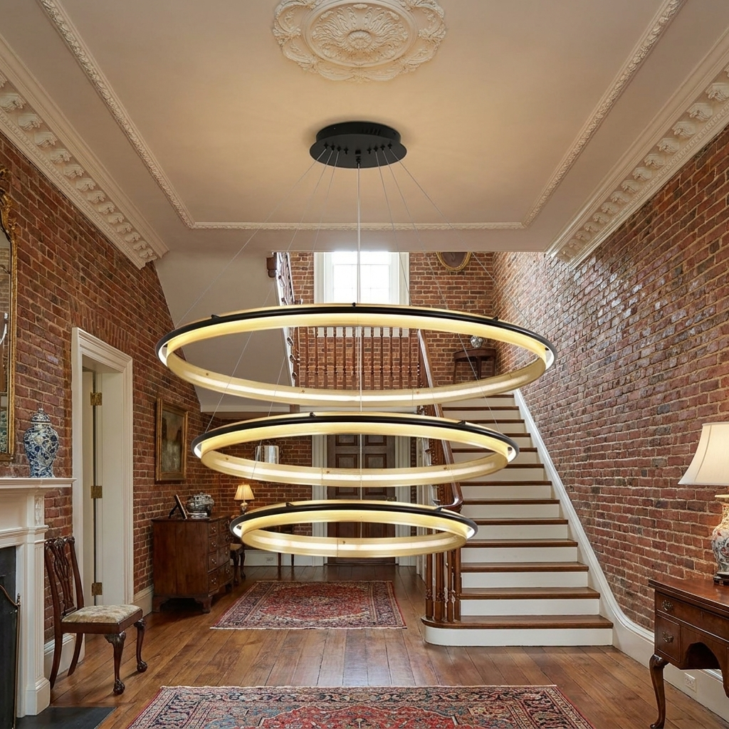 Orbita 3 tier small chandelier in the foyer of a Georgian brick home in Virginia