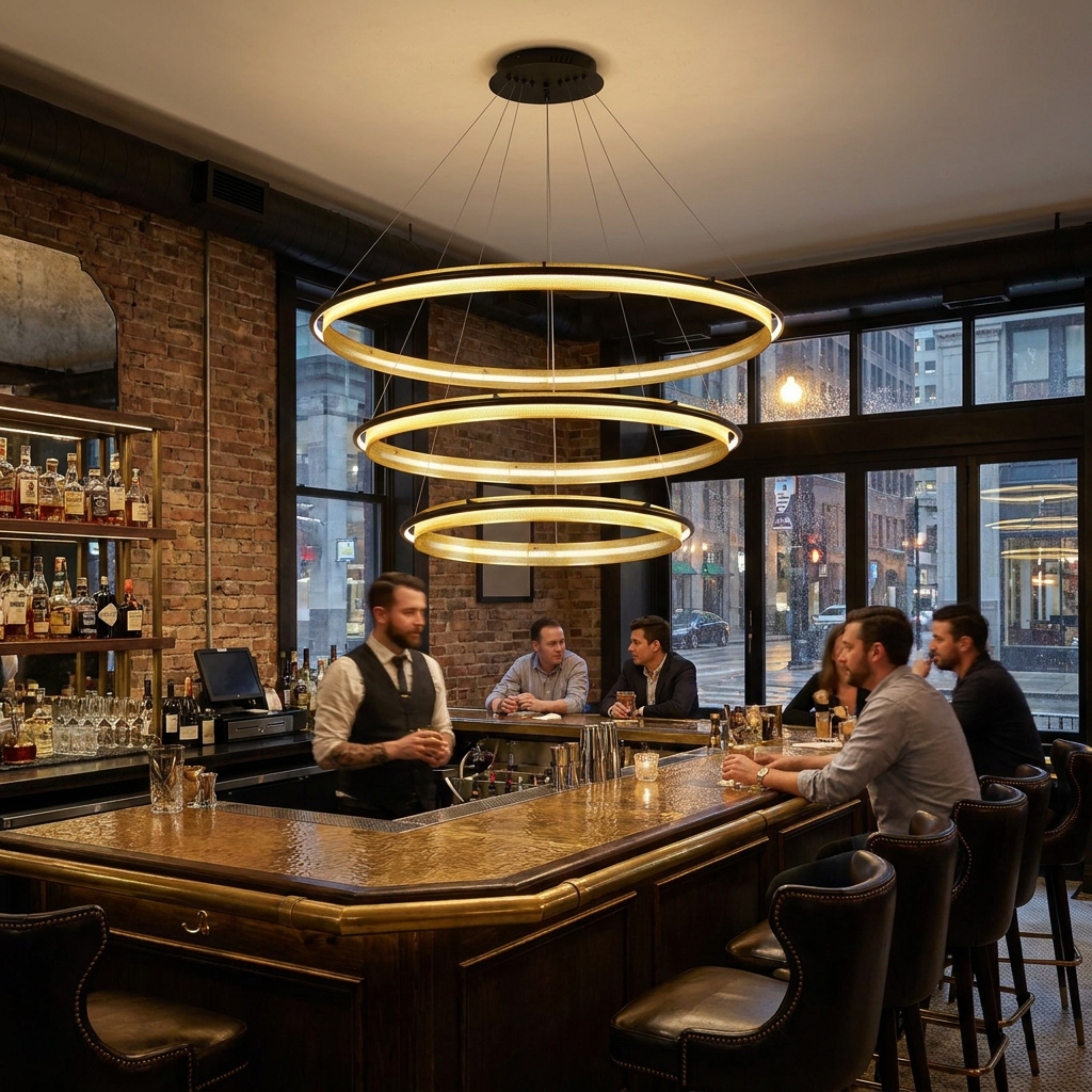Orbita 3 tier large chandelier above the bar of a downtown Chicago cocktail lounge