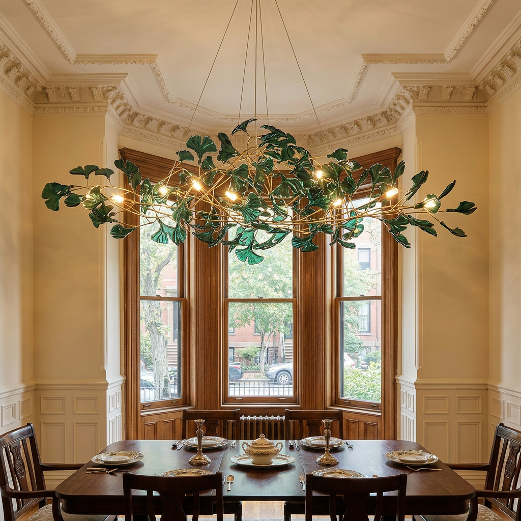 Ginevra dark green chandelier in a Boston Back Bay townhouse dining room with crown molding