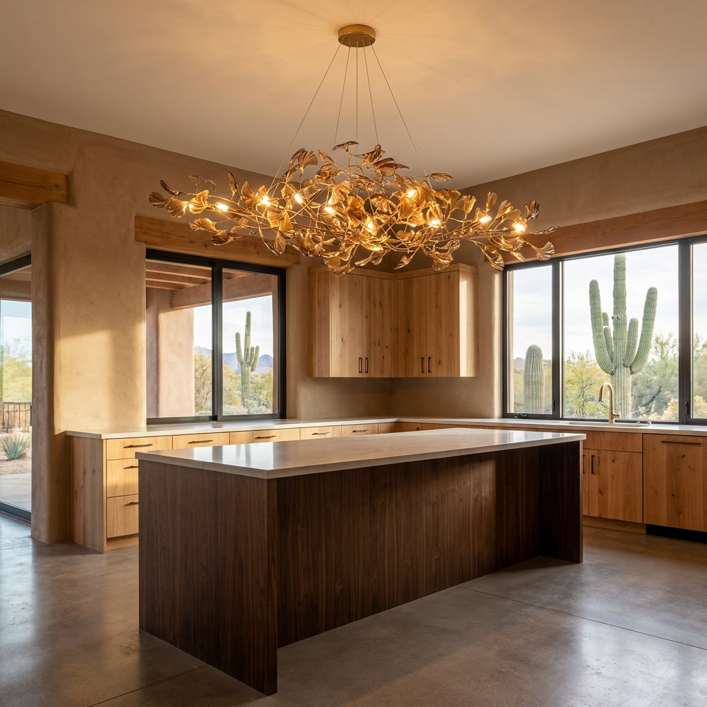 Ginevra coffee chandelier over a long kitchen island in a Scottsdale desert modern home