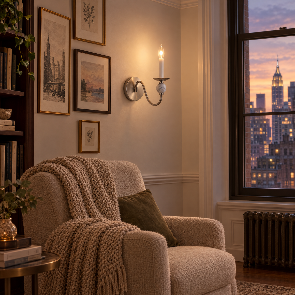 Brisa marble ball wall sconce in Brushed Nickel above a reading chair in a New York apartment