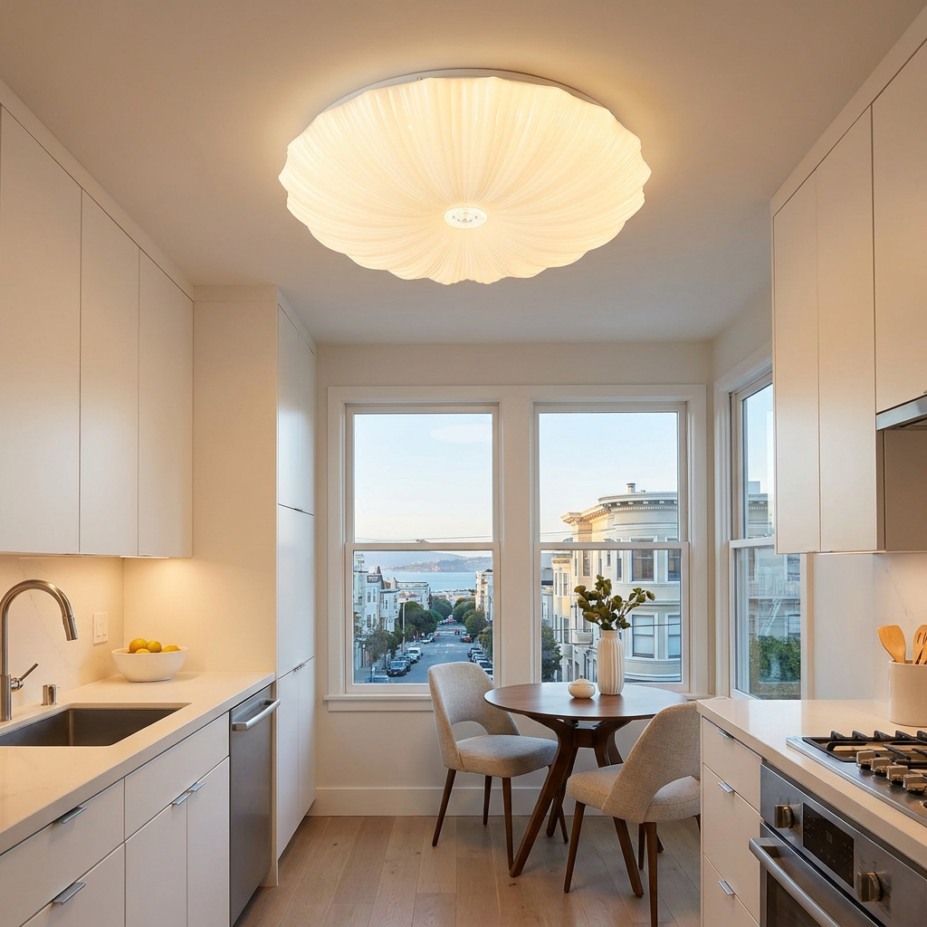 Conque white acrylic scalloped shell shaped round LED flush mount ceiling light in an apartment kitchen