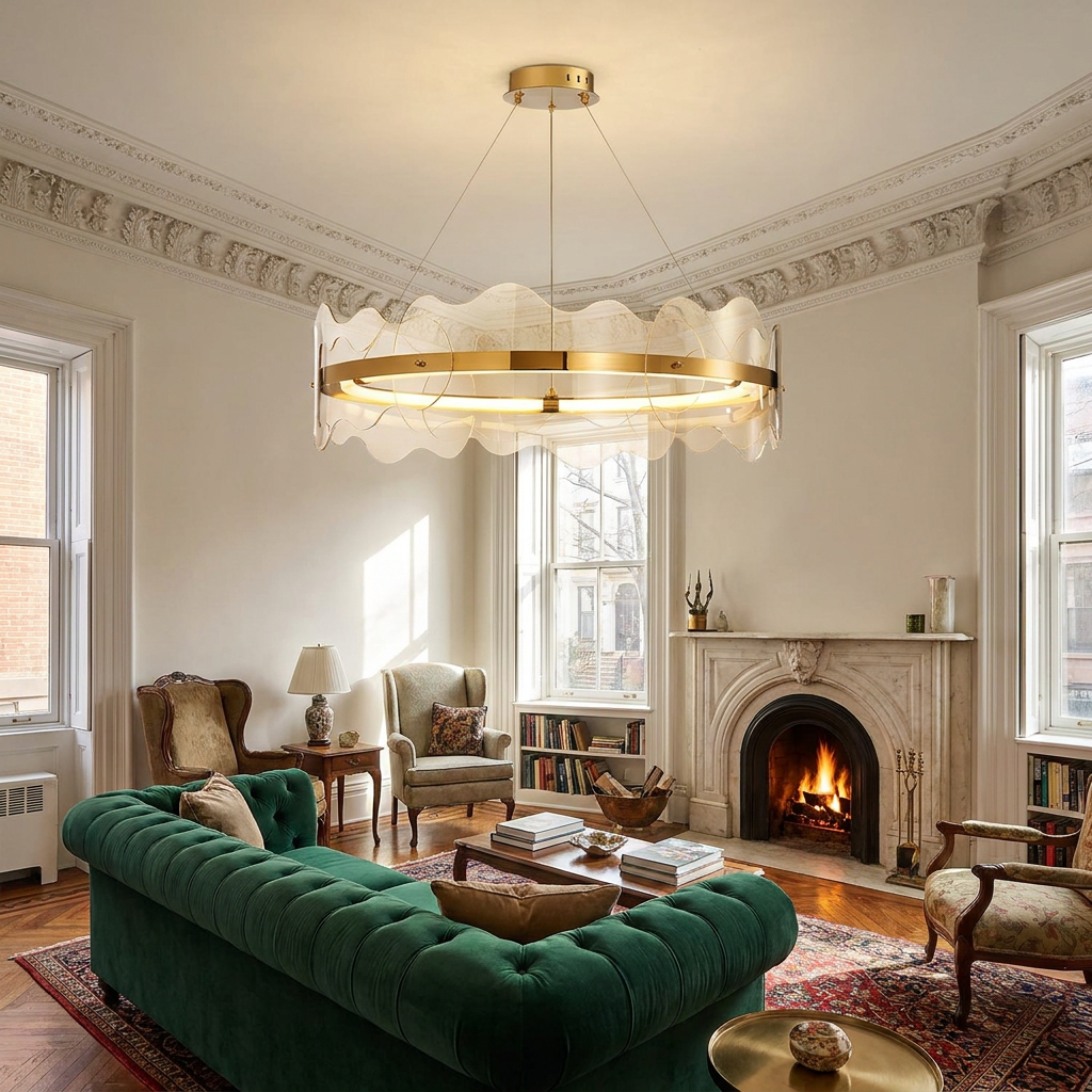 Rivage round LED chandelier in a Brooklyn brownstone parlor