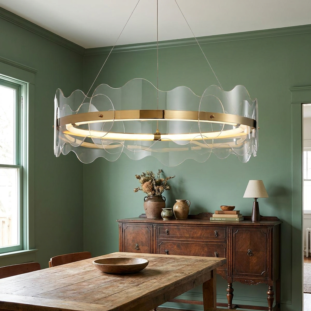 Rivage round LED chandelier over a dining table in a Nashville bungalow