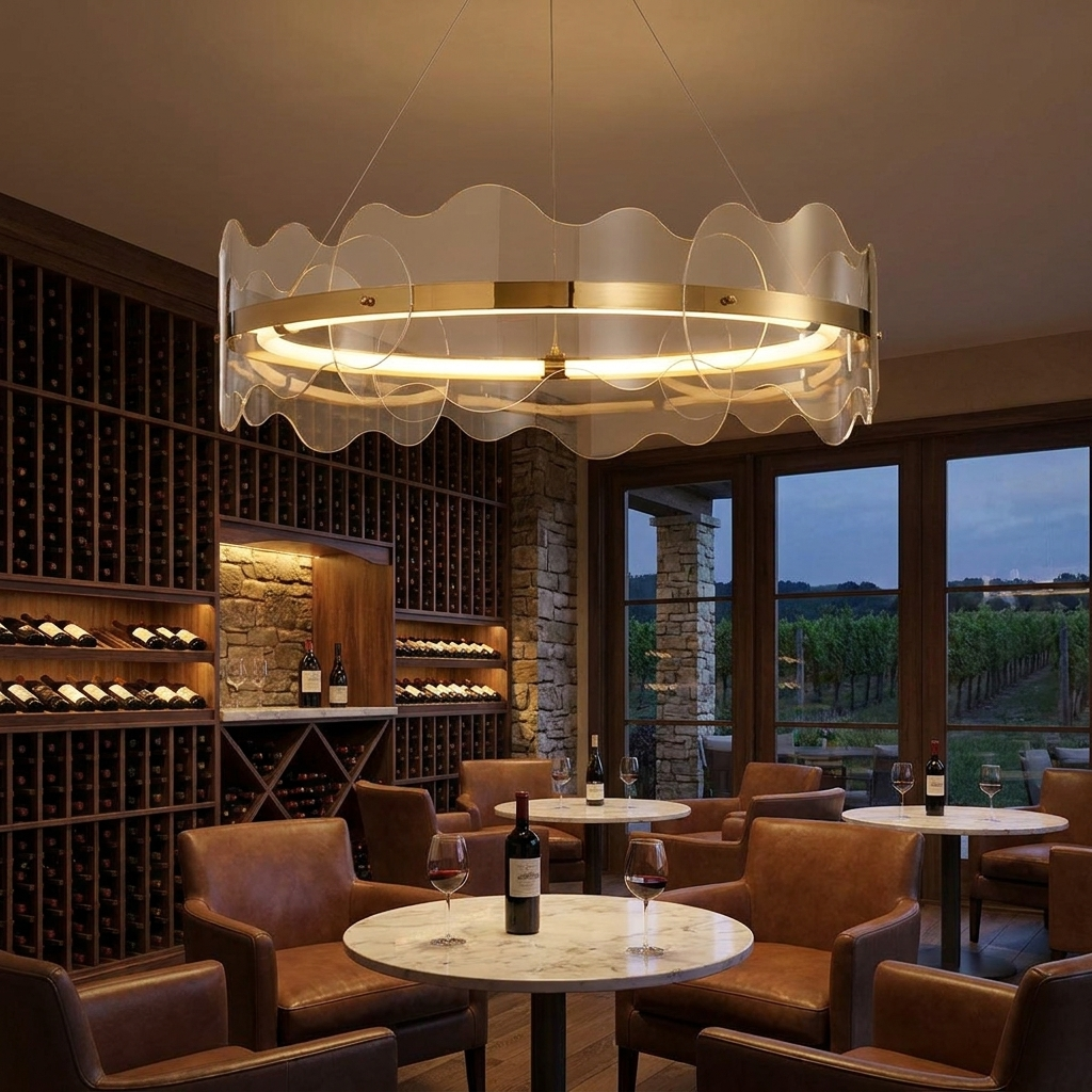 Rivage round LED chandelier in a wine bar lounge