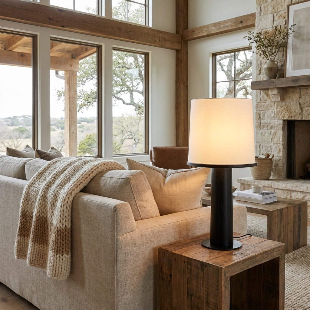Tamsen table lamp on a side table in a living room