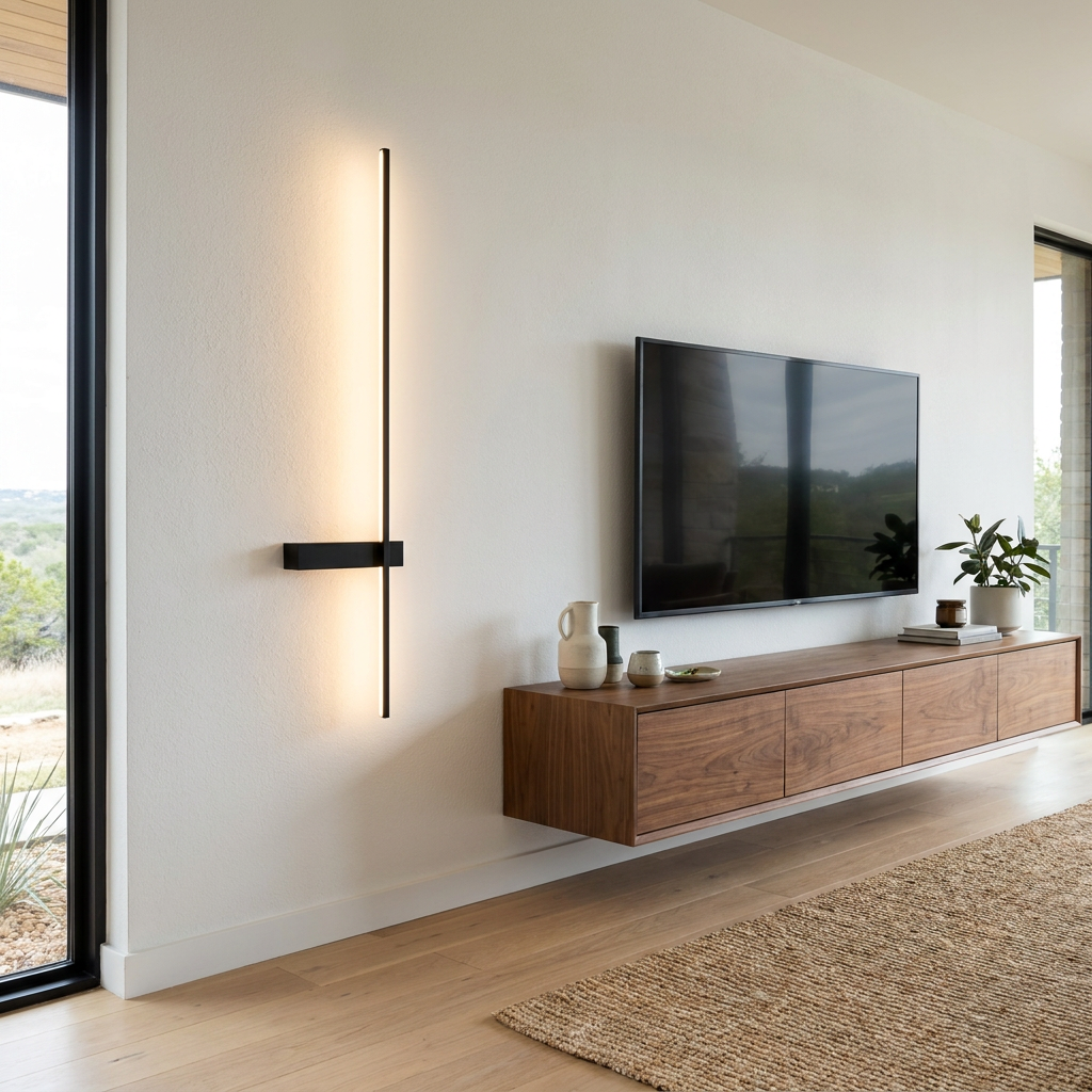 Rigo slim vertical black linear LED wall sconce in a modern Austin living room