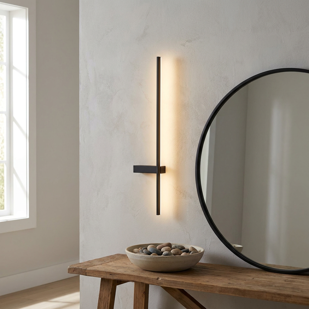 Rigo slim vertical black linear LED wall sconce in an entryway