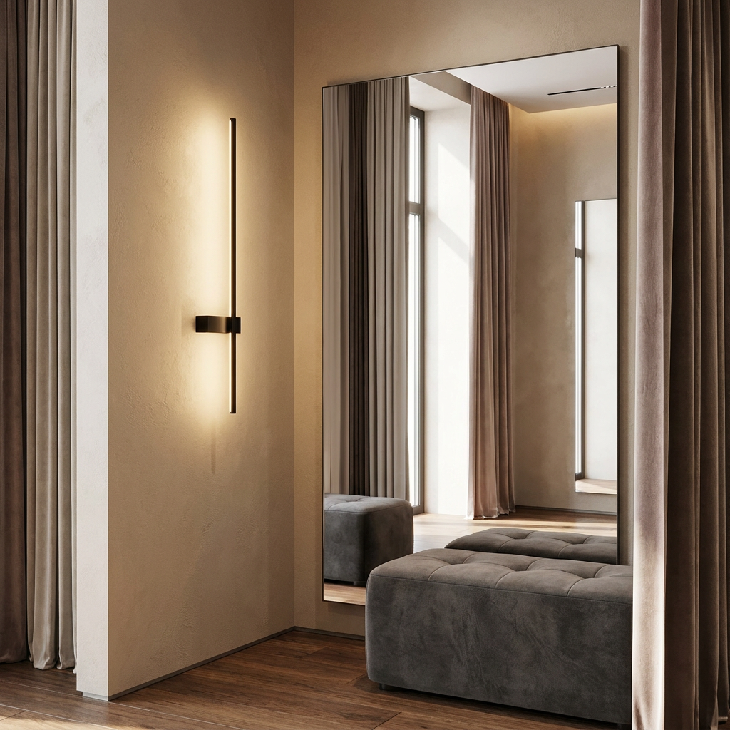 Rigo slim vertical black linear LED wall sconce in a retail fitting area