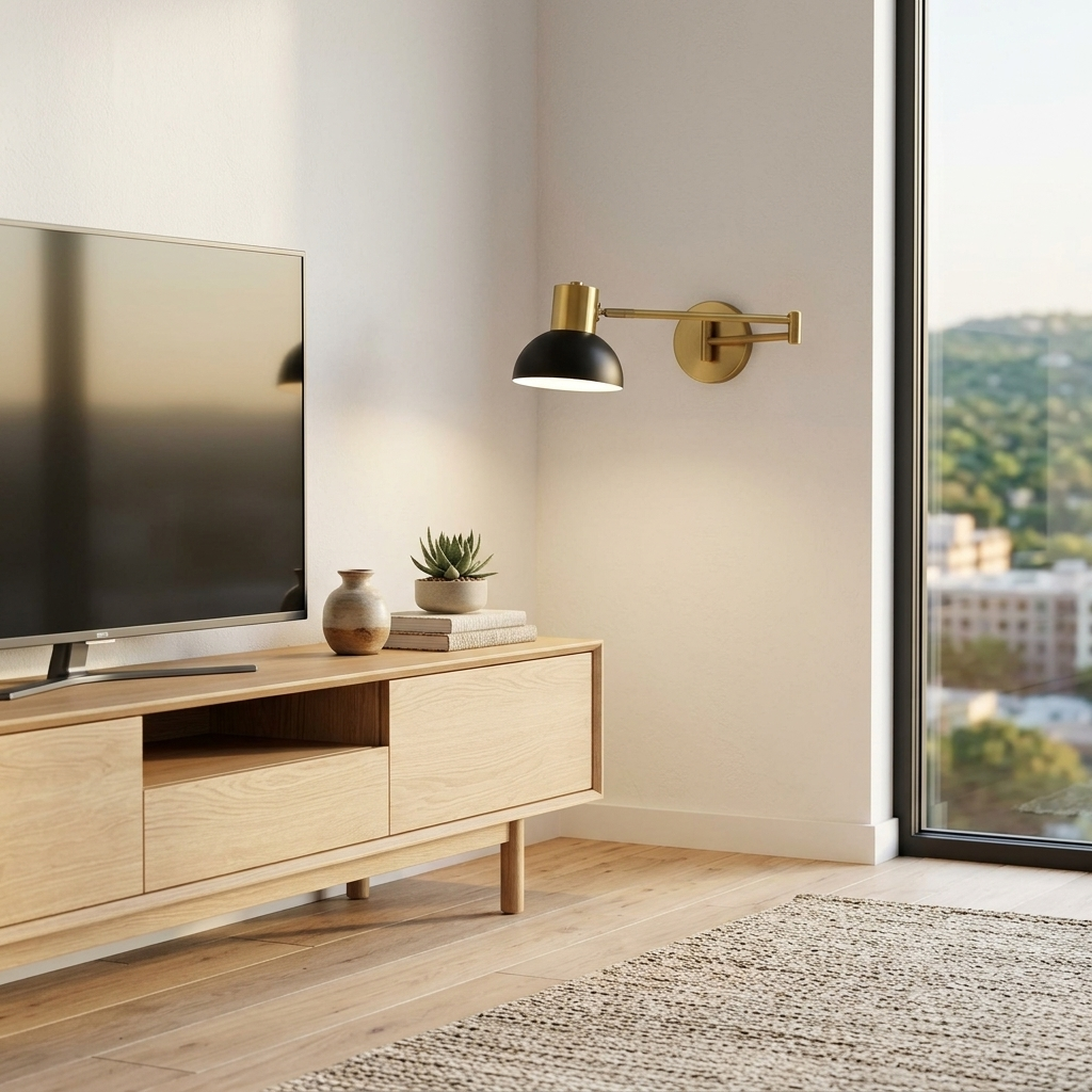 Arley hardwired swing arm reading wall lamp in a modern Austin living room