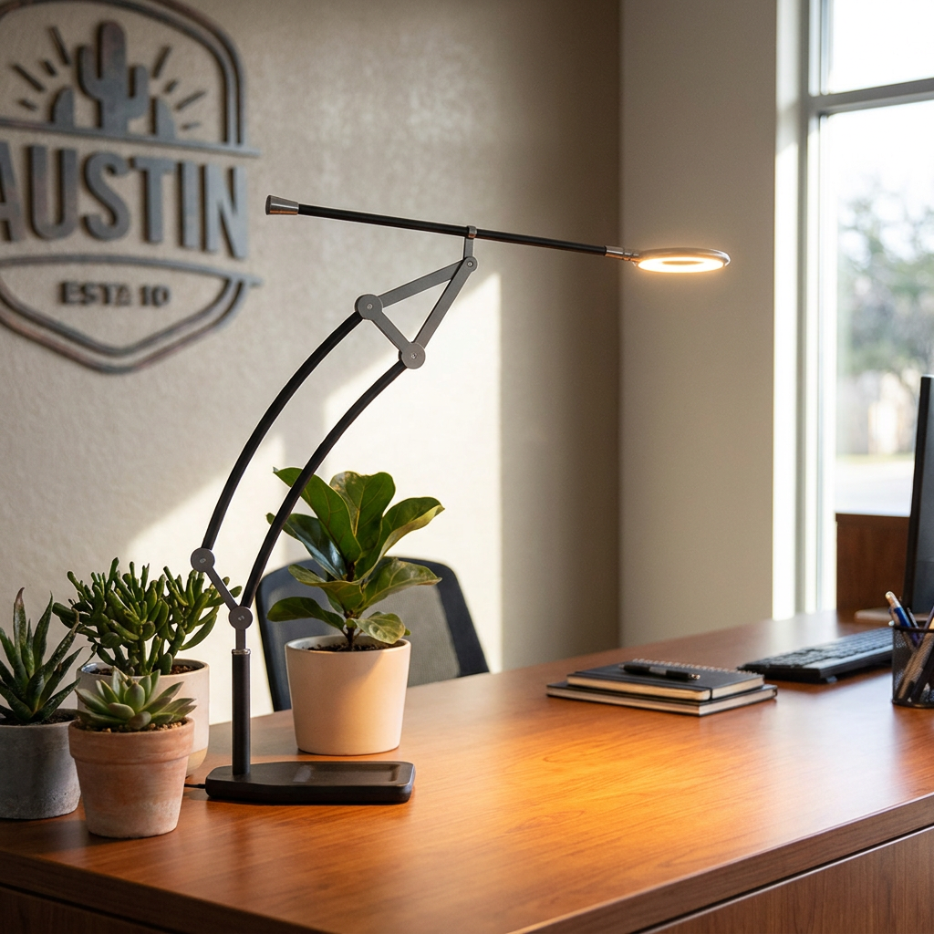 Atlas articulated LED task lamp on a reception desk