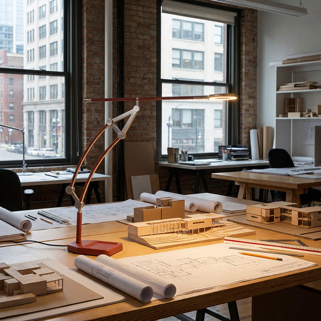 Atlas articulated LED task lamp on an architect&