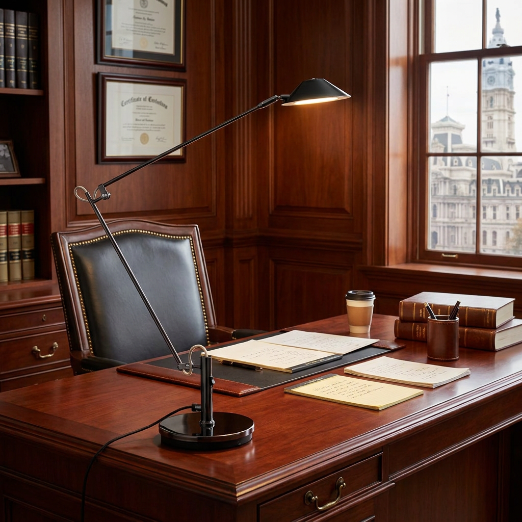 Ostin black metal LED office task lamp on a desk in a law office