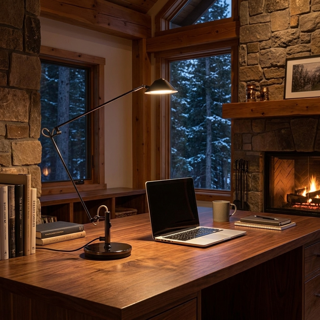 Ostin black metal LED office task lamp on a home office desk at night