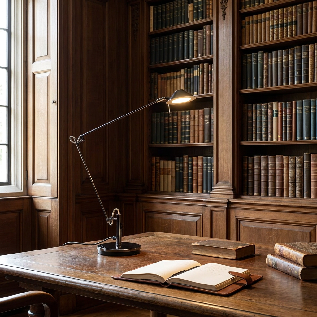 Ostin black metal LED office task lamp on a library desk