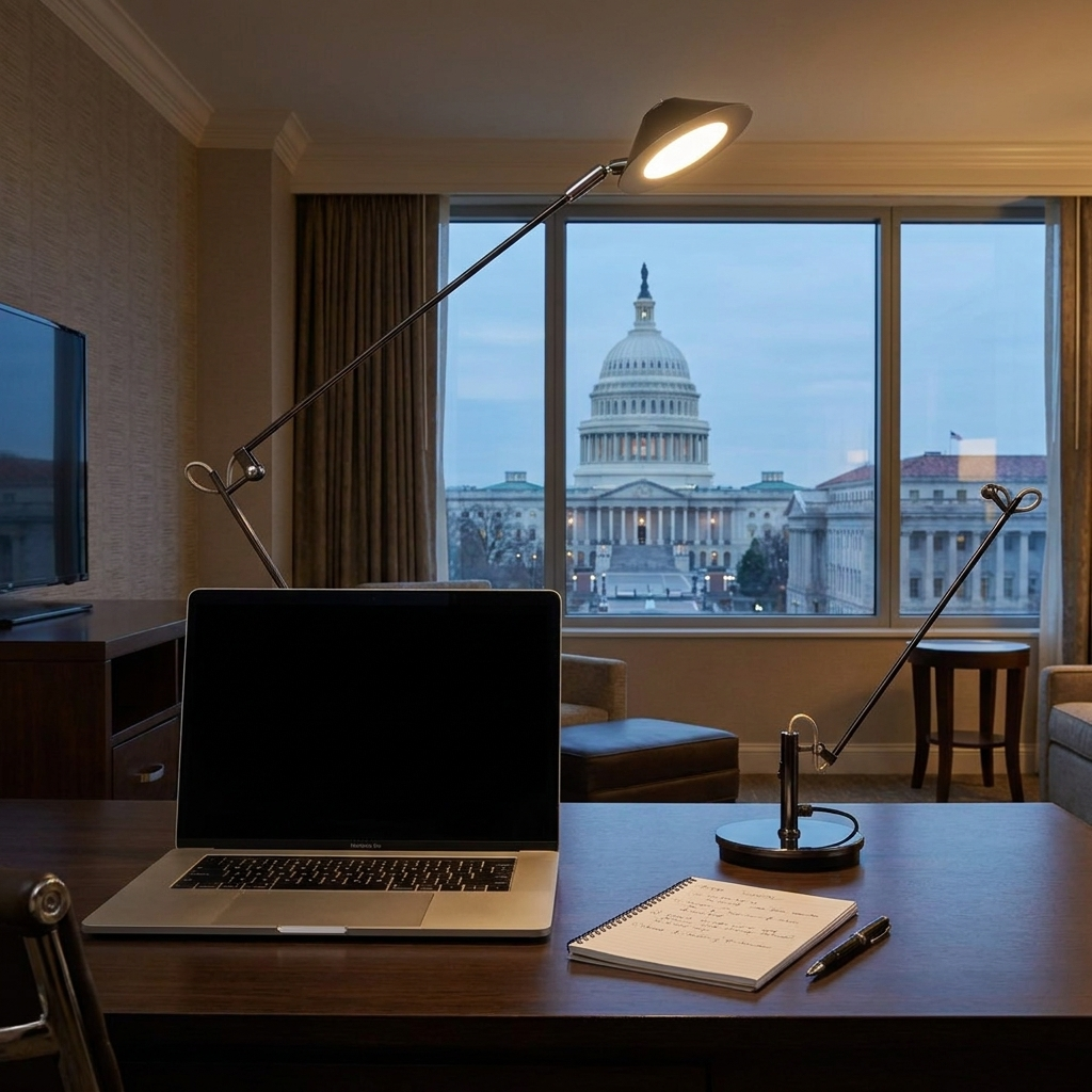 Ostin black metal LED office task lamp on a hotel room desk