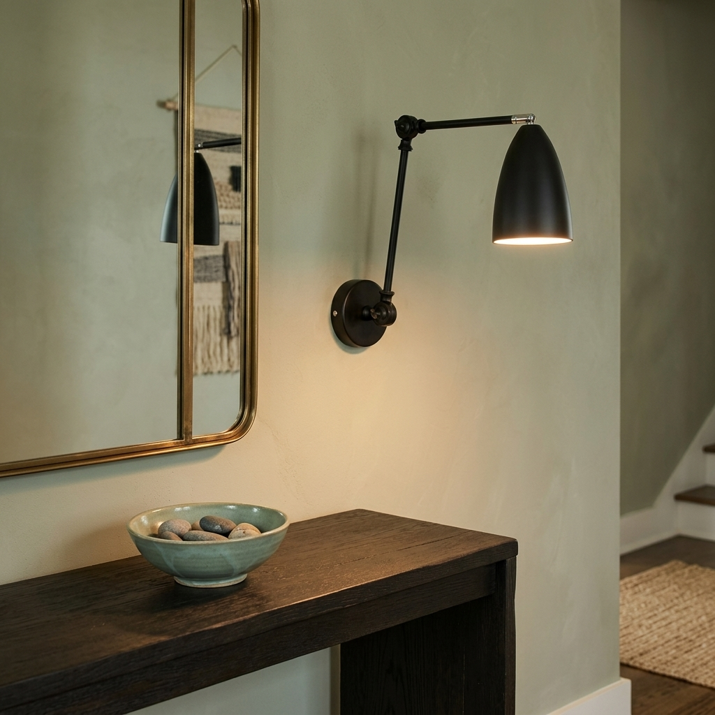 Bennett black double swing arm wall sconce in an entryway