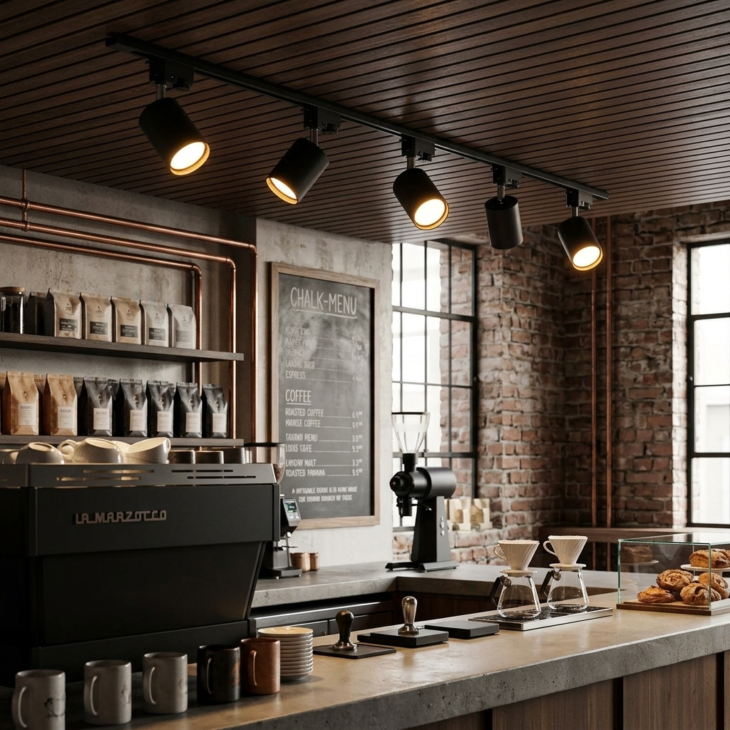 Rennick black LED track light in a coffee shop