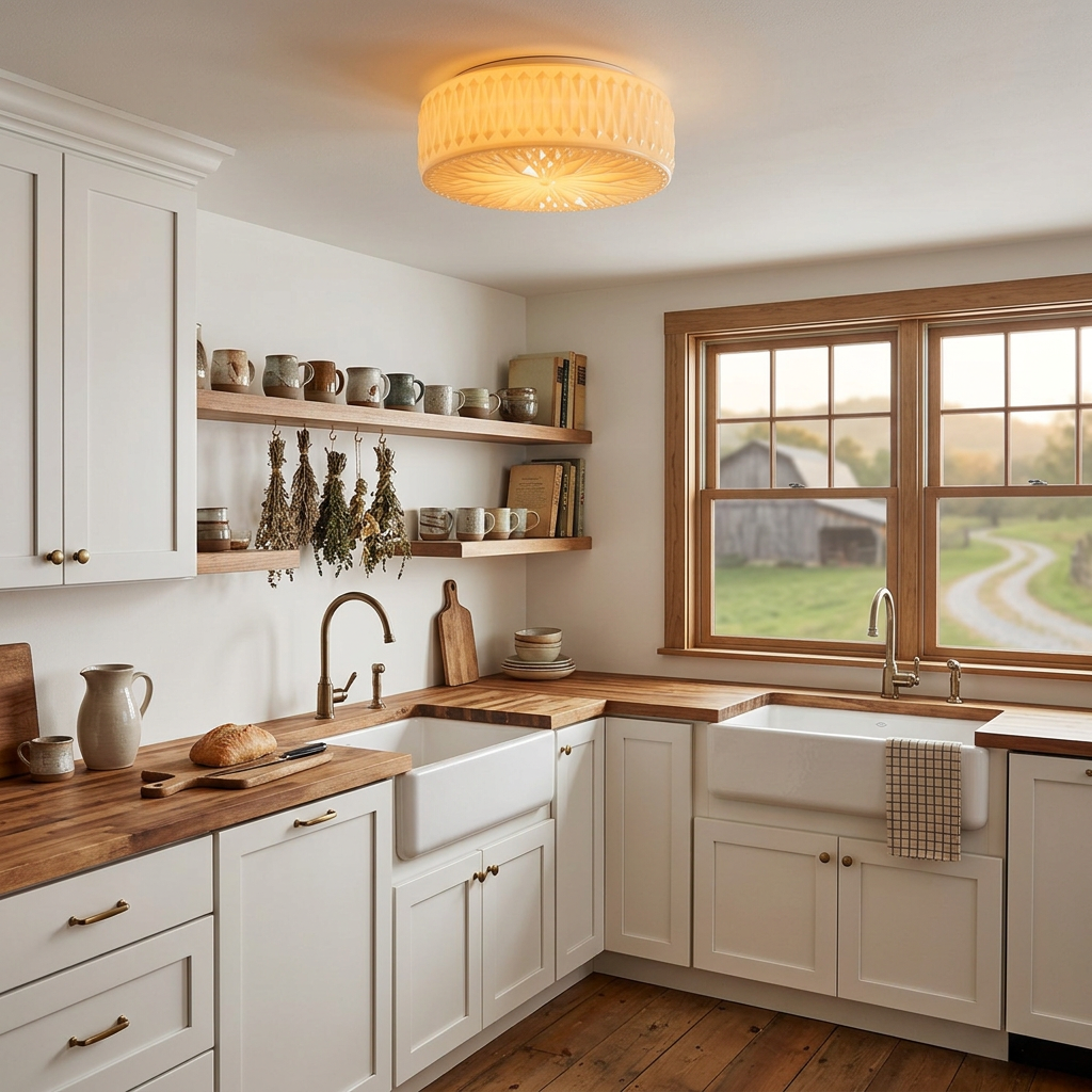Celestine glass drum ceiling light in Beige in a farmhouse kitchen