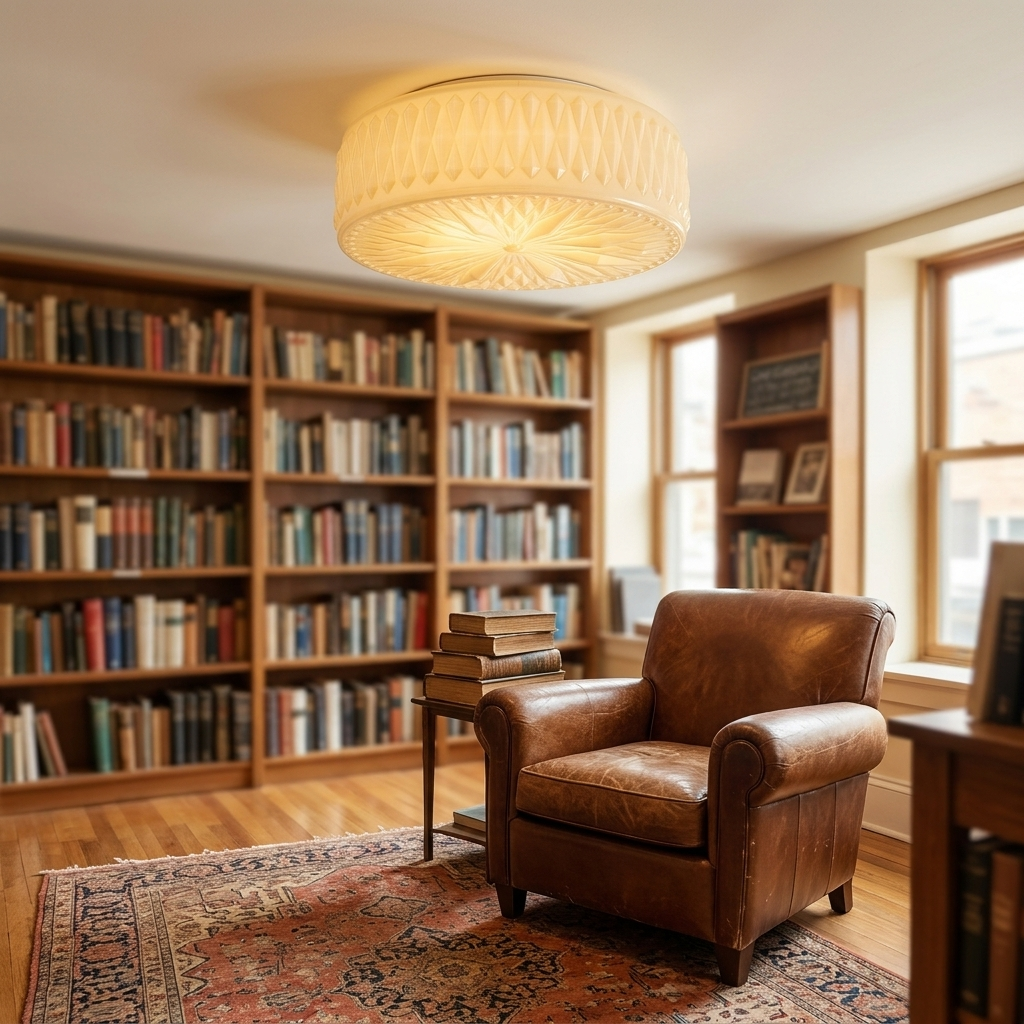 Celestine glass drum ceiling light in Beige in a bookstore reading nook