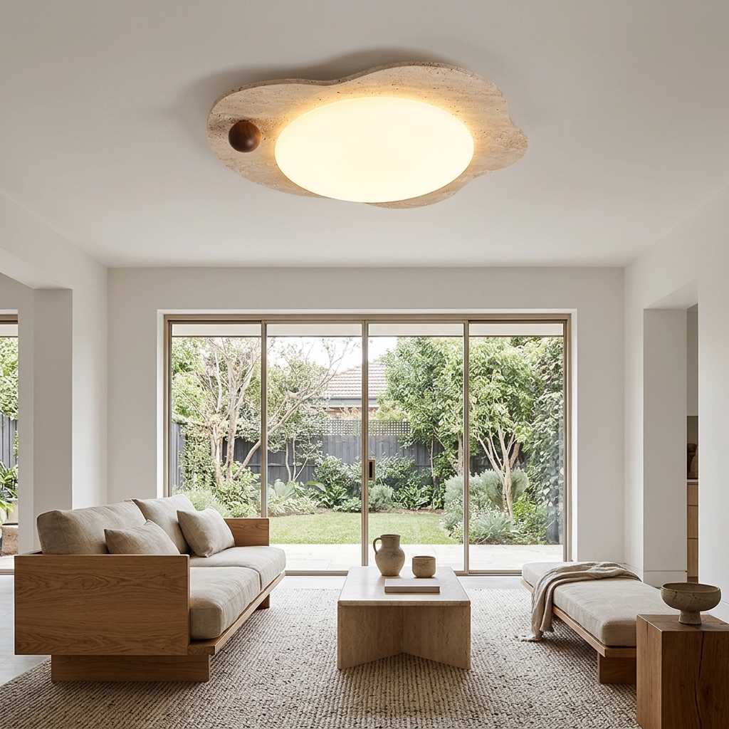 Nuvola Travertine Cloud Ceiling Light in Yellow Travertine & White apartment living room
