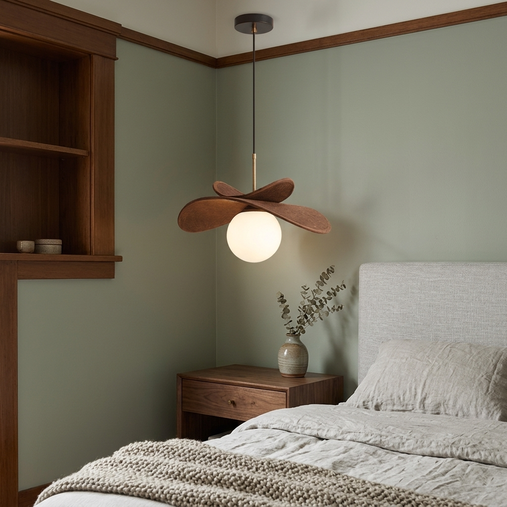 Palmera Raffia Pendant in Brown & White beside a bed in a bungalow bedroom