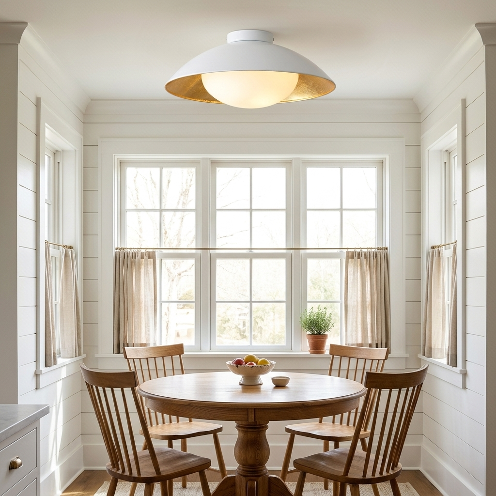 Ombrelle Dome Light in White & Gold in a farmhouse breakfast nook