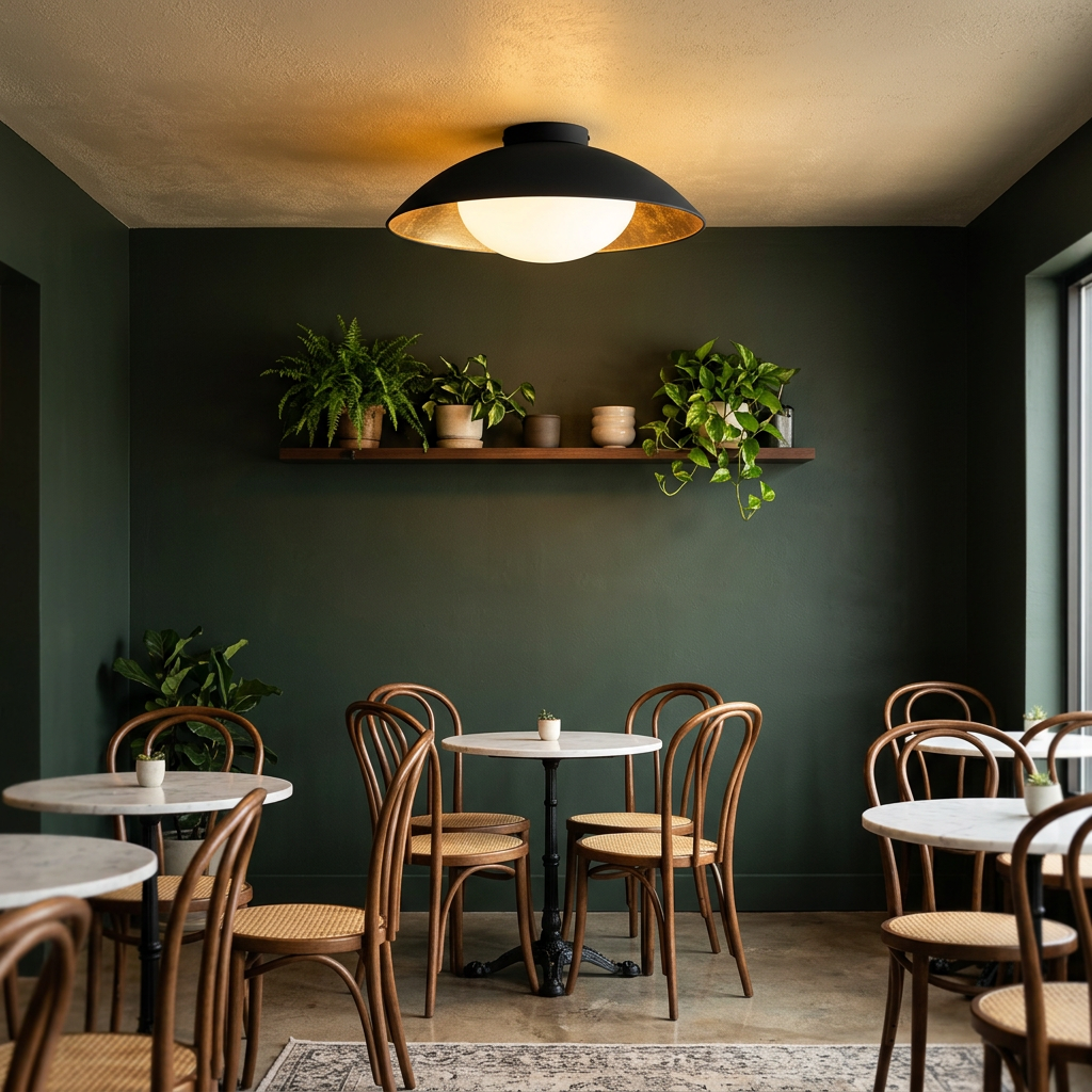 Ombrelle Dome Light in Black & Gold in a coffee shop seating area