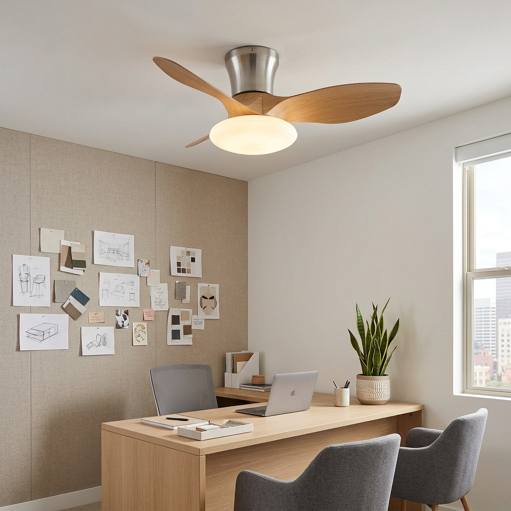 Brezza Ceiling Fan in Wood Color & Nickel in a private office