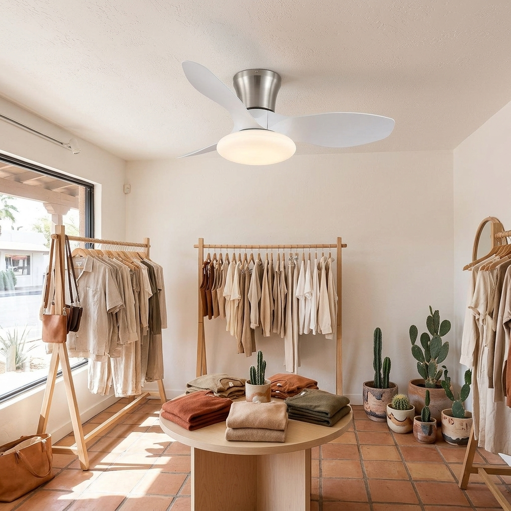 Brezza Ceiling Fan in White & Nickel in a boutique clothing store