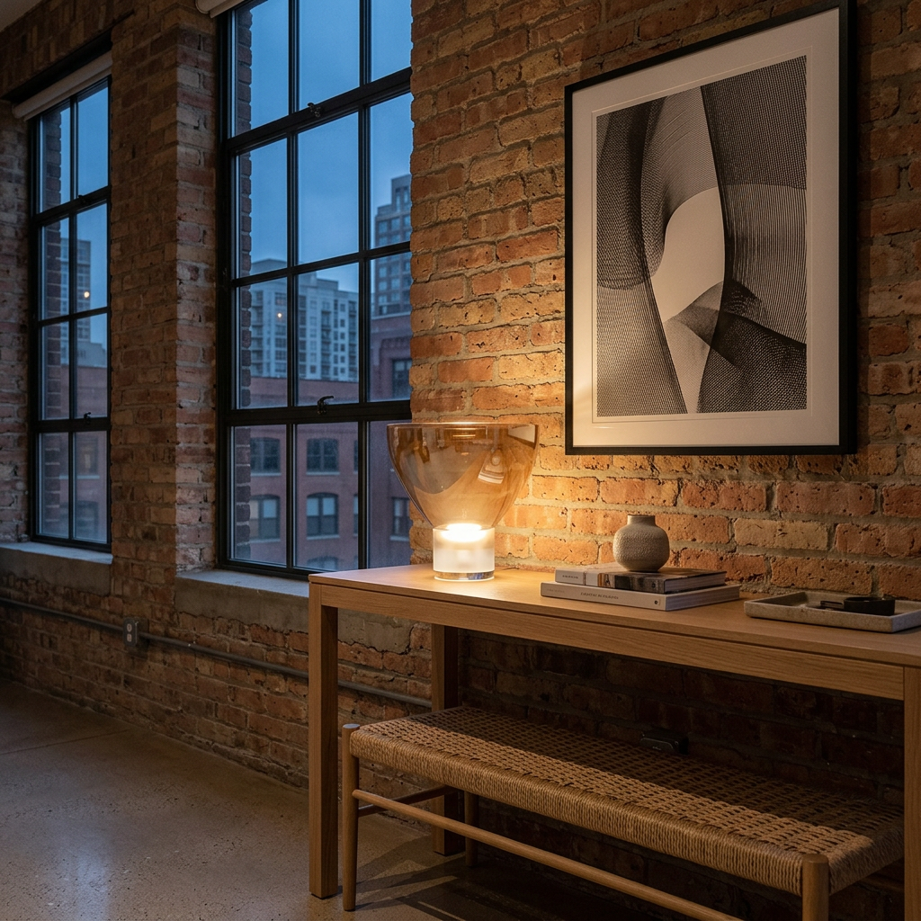 Ambrette Glass Bowl Table Lamp in Cognac loft apartment console