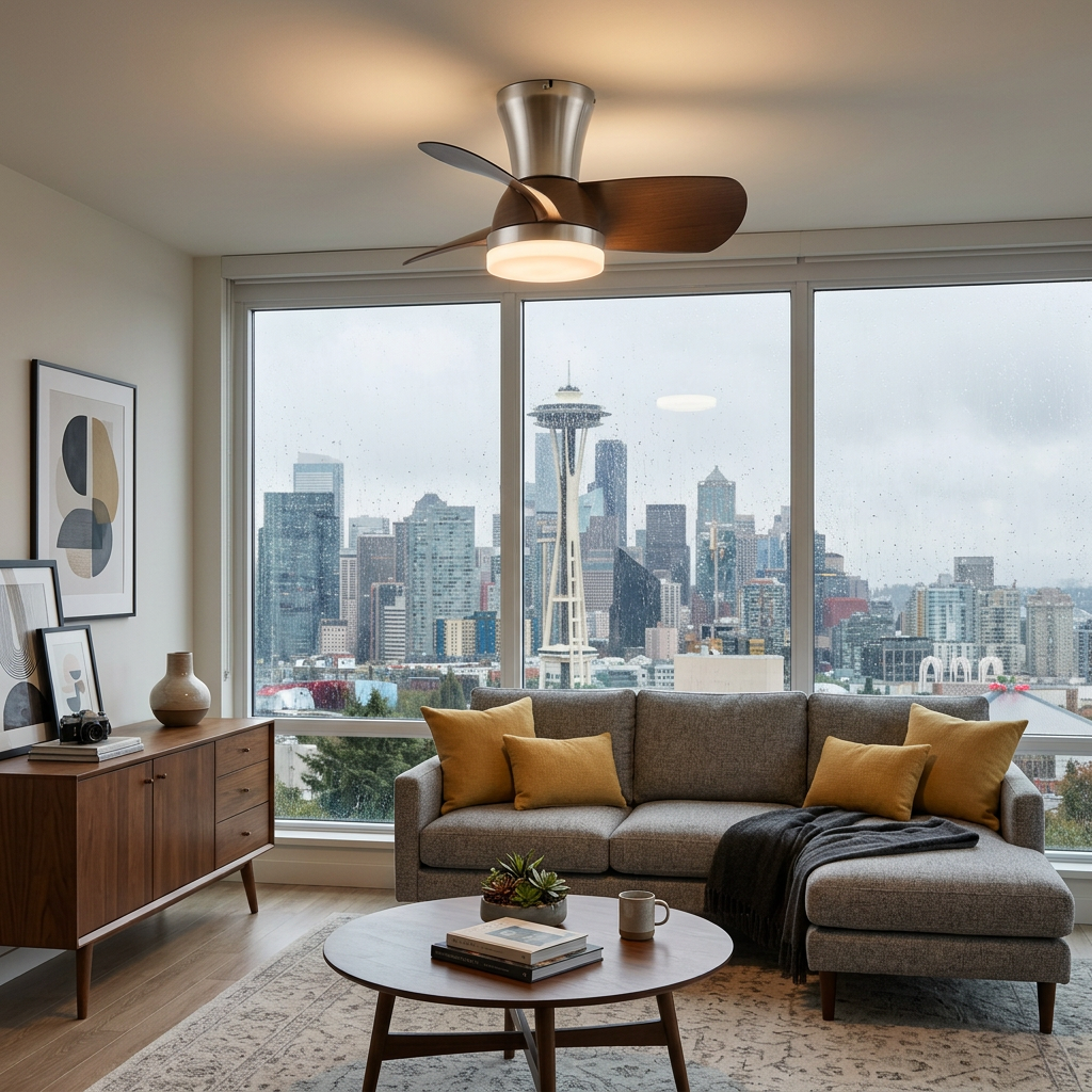 Tramonte Ceiling Fan Light Model B in a Seattle condo living room
