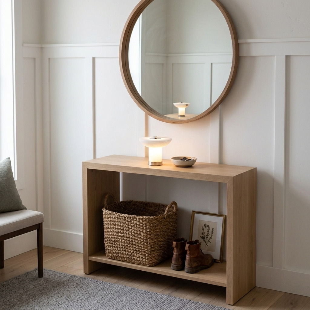 Lunaire Alabaster Cordless Lamp in Chrome & White on an entryway console