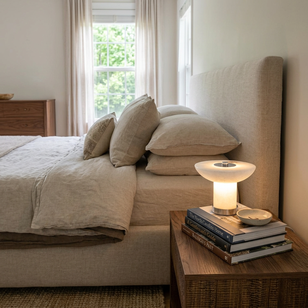 Lunaire Alabaster Cordless Lamp in Chrome & White on a bedroom nightstand