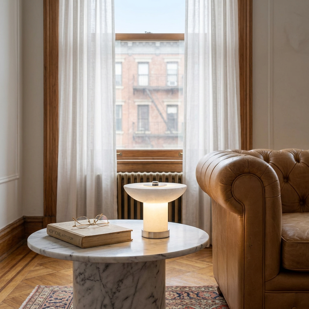 Lunaire Alabaster Cordless Lamp in Chrome & White on a living room side table