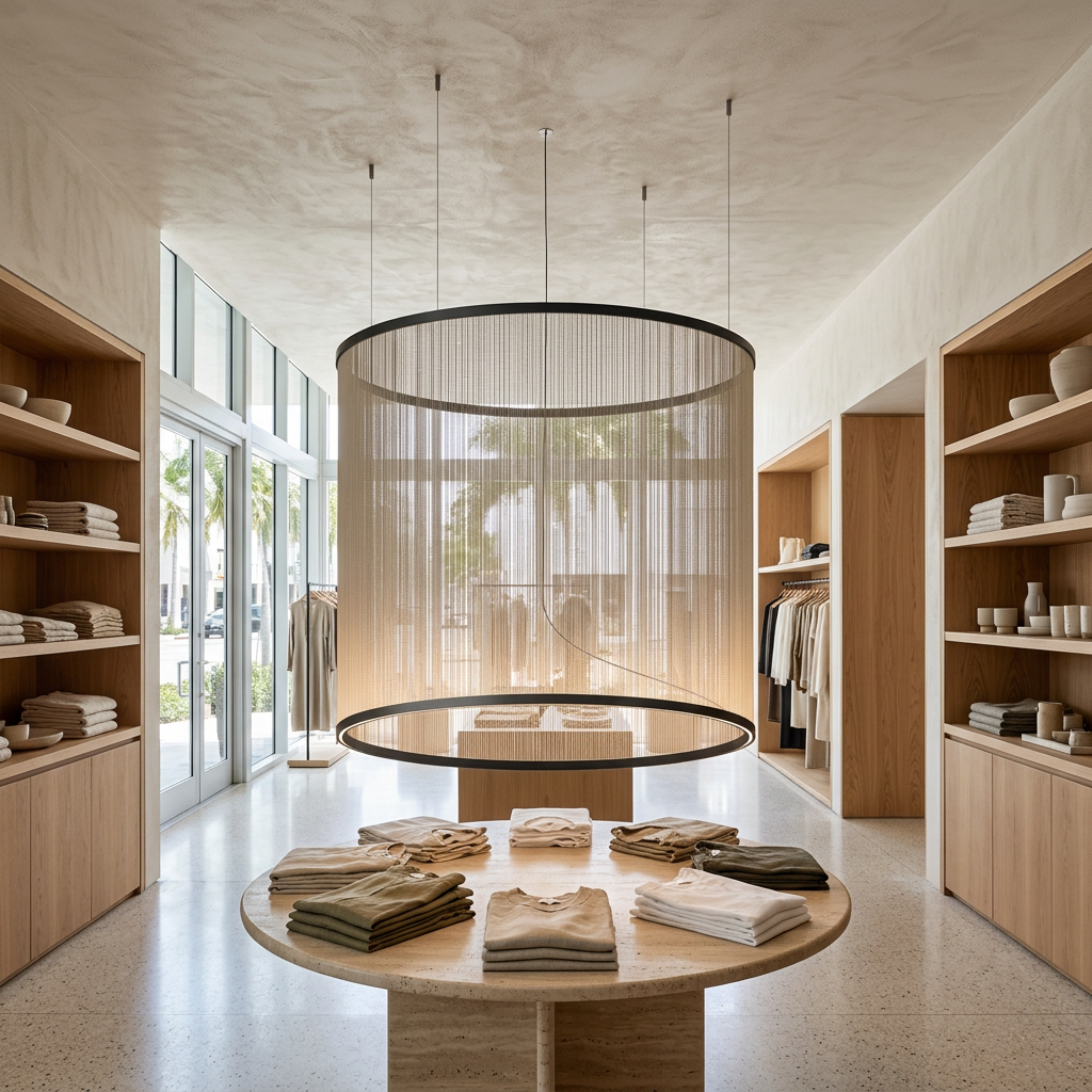 Filigrane Mesh Pendant in Model E wide cylinder, boutique retail store in Miami