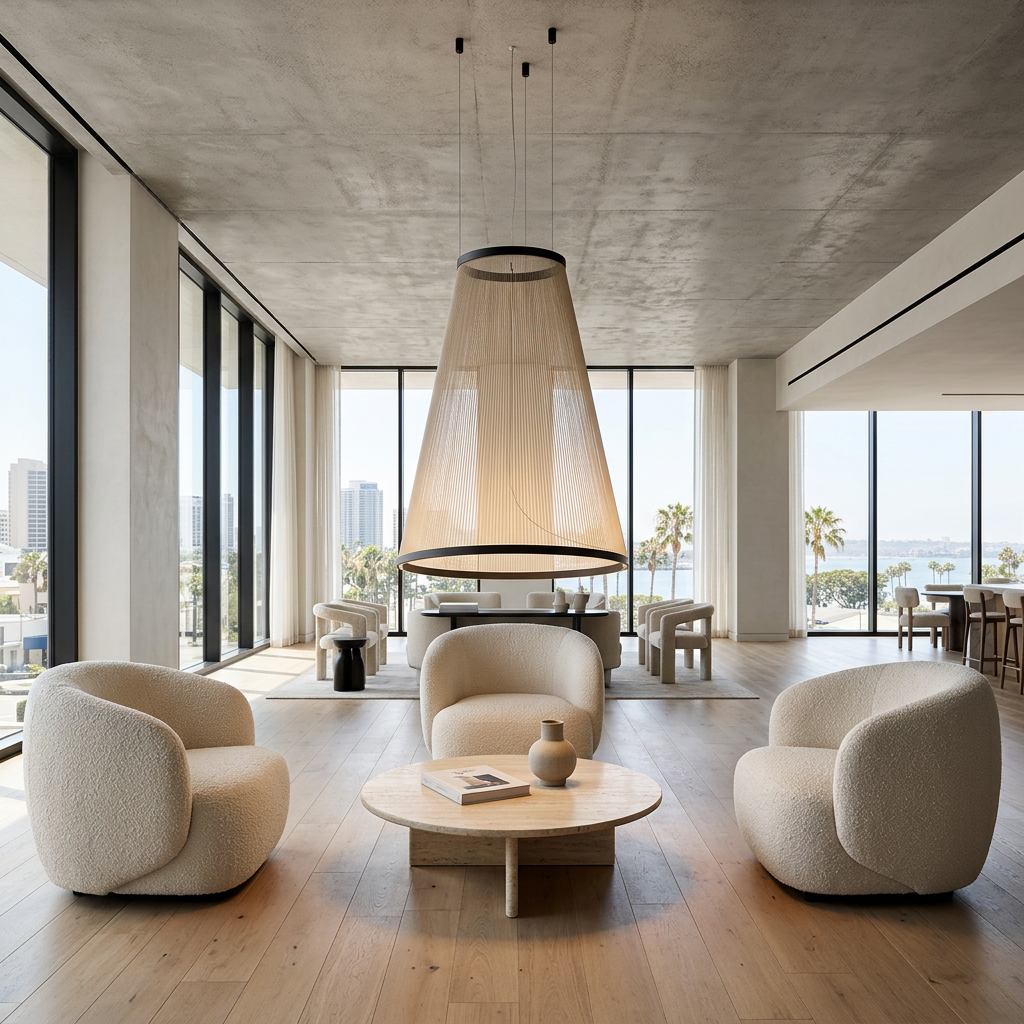 Filigrane Mesh Pendant in Model B wide cone, hotel lobby lounge in San Diego