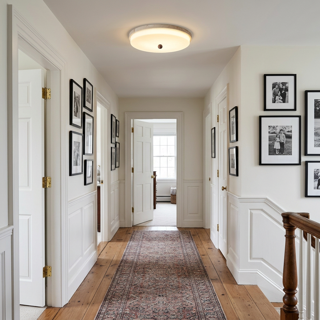 Saverio Travertine Ring Flush Mount in Yellow Travertine & White upstairs hallway