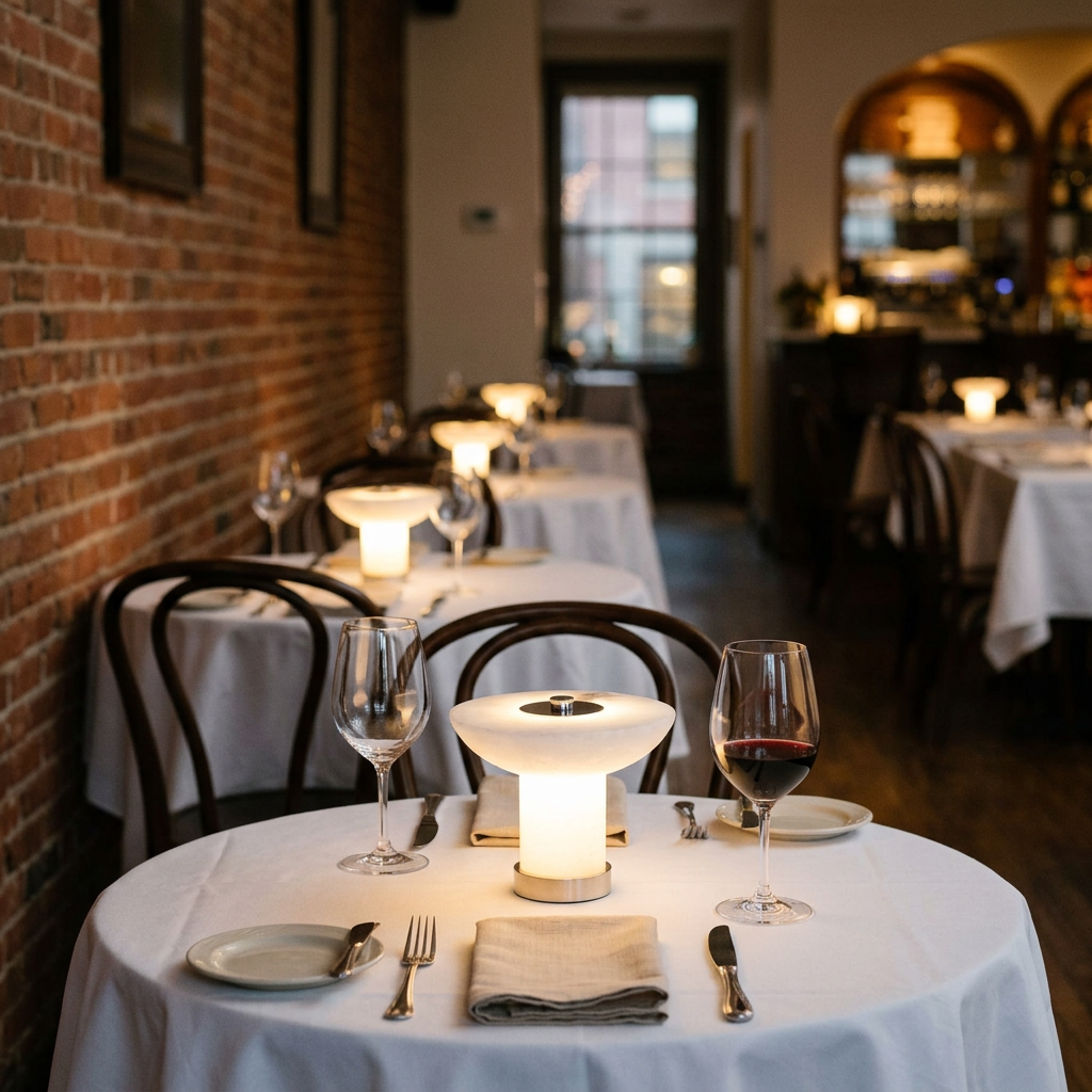 Lunaire Alabaster Cordless Lamp in Chrome & White on a restaurant table
