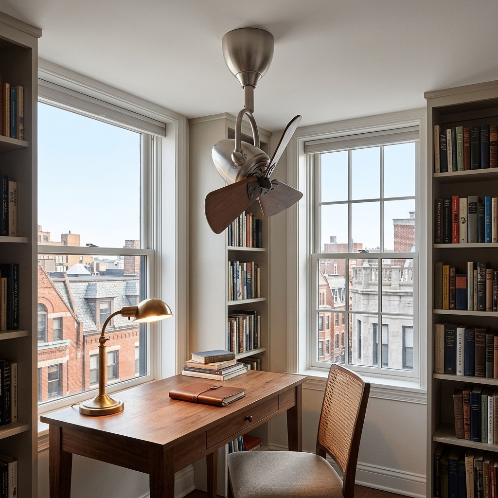 Cyrene walnut articulated ceiling fan above a desk in an apartment home office