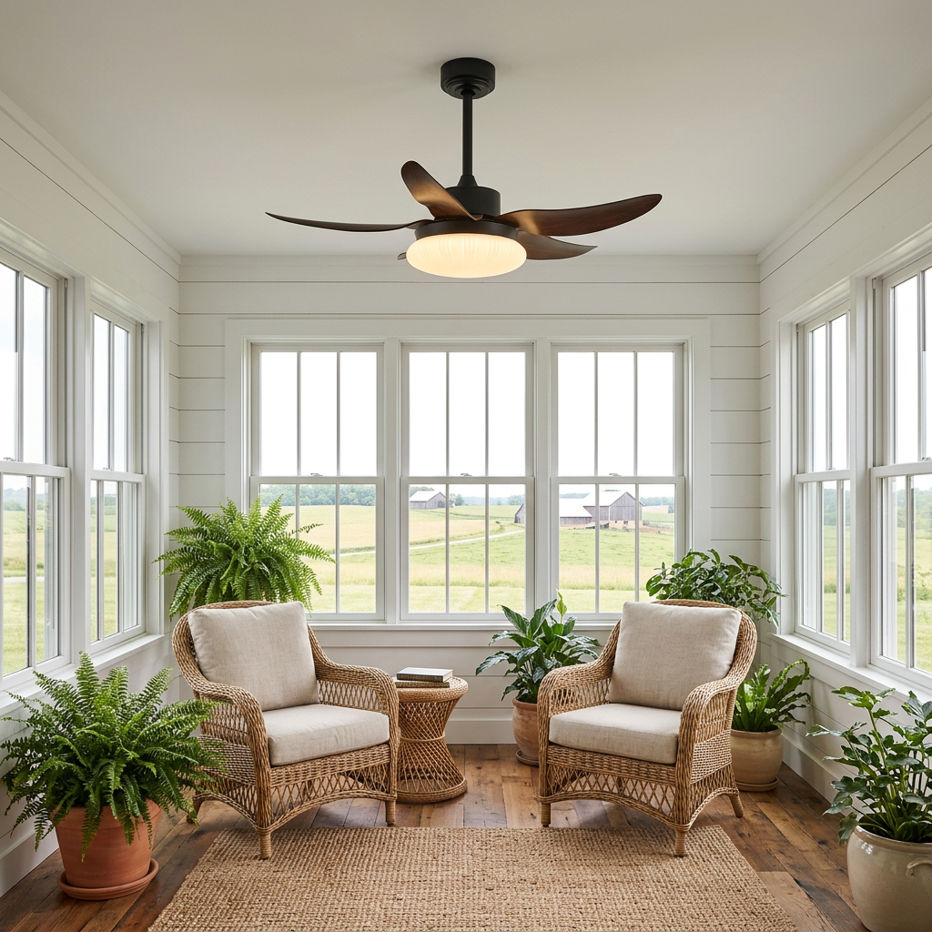 Belline walnut palm blade ceiling fan light in a farmhouse sunroom